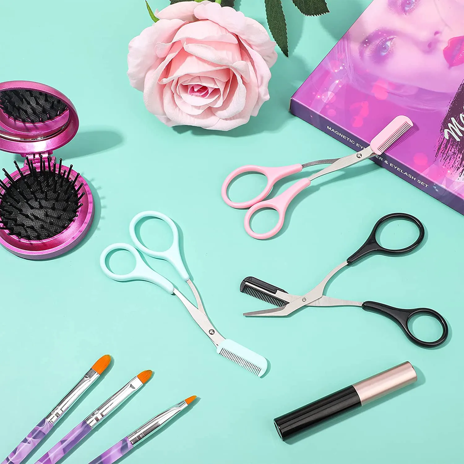 Eyebrow Shaping Cut Scissors Eyebrow Trimmer Scissors with Comb Eyebrow Comb Non Slip Finger Grips Hair Removal Beauty Accessories for Men and Women (Black, Pink, Blue,3 Pieces)